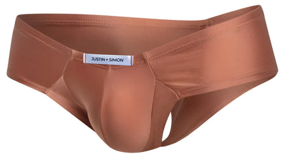 Bronze satin cheek briefs by Justin Simon in ochre color showcasing smooth fabric and comfortable fit