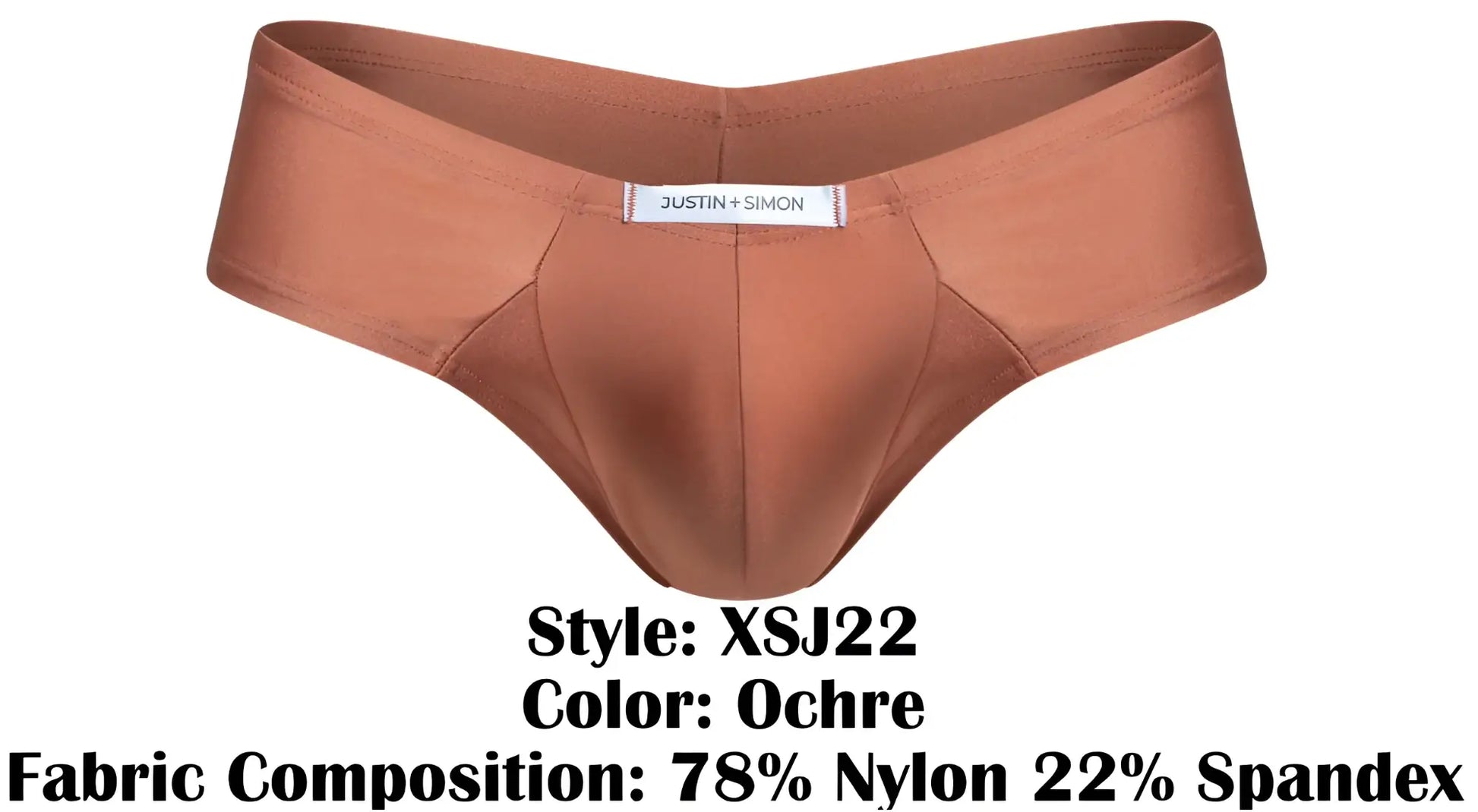Ochre-colored form-fitting briefs by justin + simon made of 78% nylon and 22% spandex for comfortable wear
