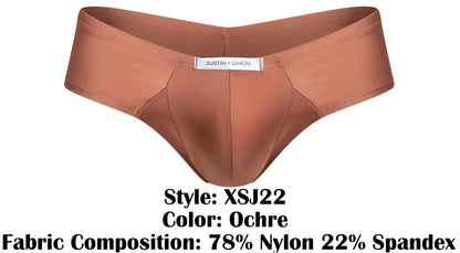 Ochre-colored form-fitting briefs by justin + simon made of 78% nylon and 22% spandex for comfortable wear