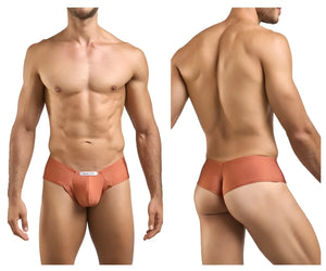 A sleek peach-colored justin+simon xsj22 cheek brief with smooth fabric finish and a small white label at the front