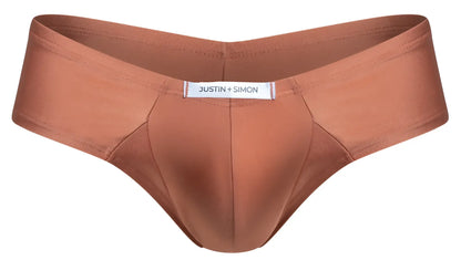 A sleek rust-colored satin cheek brief from justin plus simon with a smooth form-fitting design in ochre color