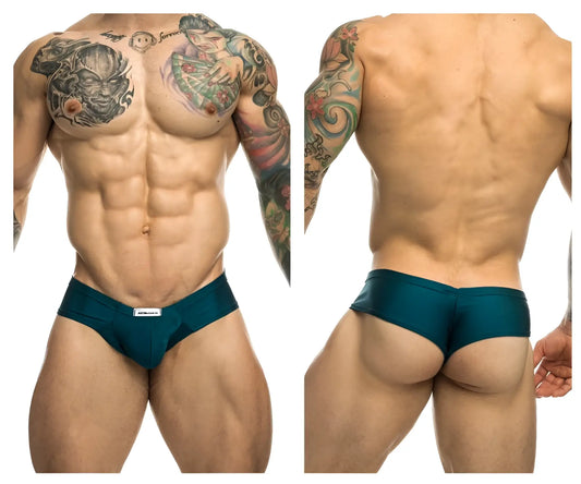 Teal JUSTIN+SIMON XSJ22 cheek briefs with a small white brand tag on the waistband in opal green color
