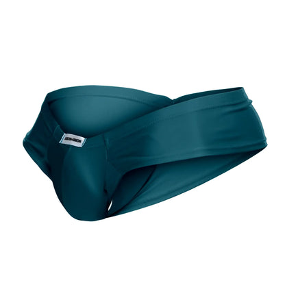 Teal-colored justin simon xsj22 cheek briefs made from smooth stretchy fabric with a branded waistband label