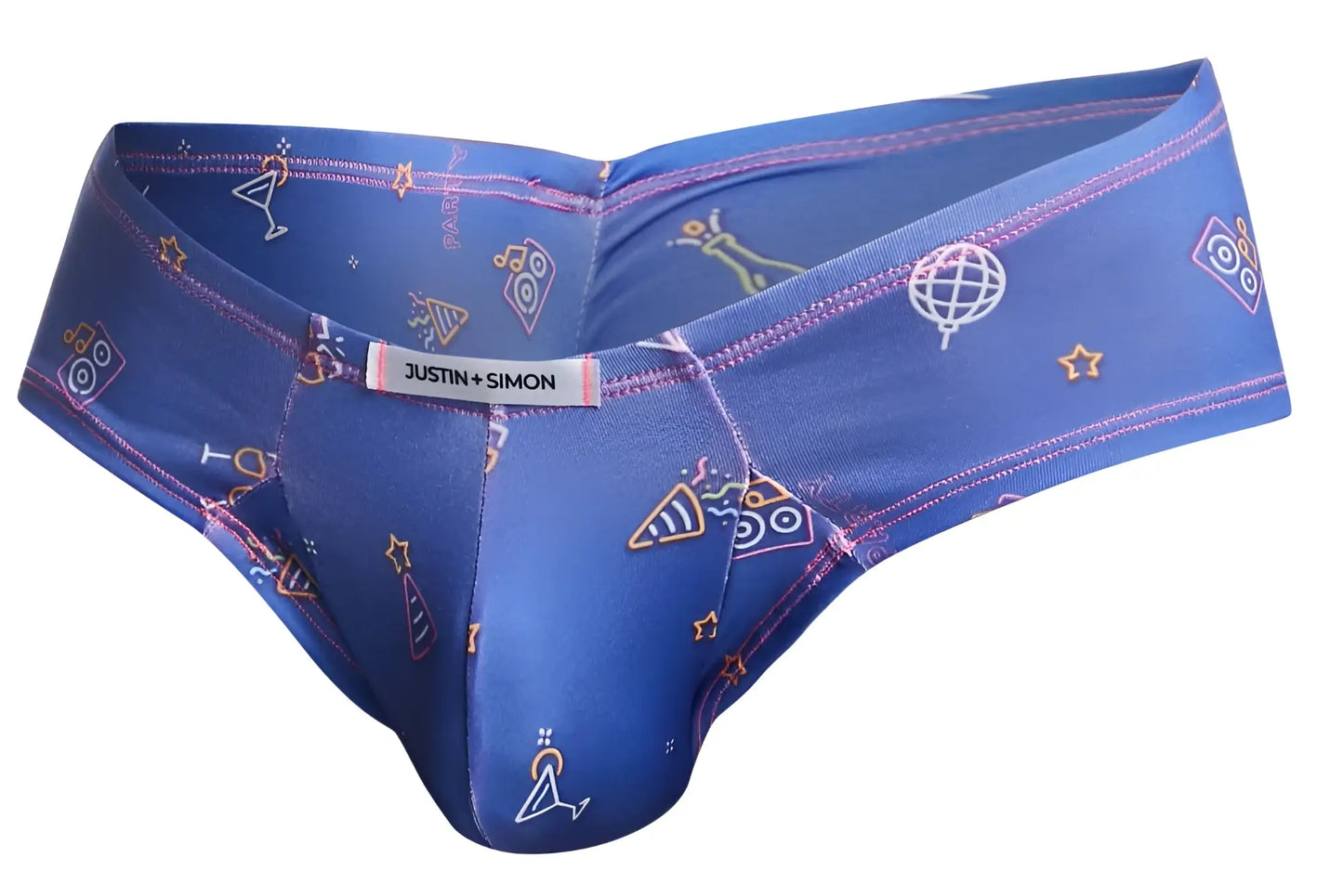 Blue justin simon xsj22 cheek briefs featuring a neon party-themed pattern with martini glasses speakers and globes