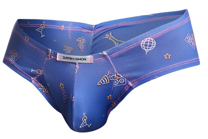 Blue justin simon xsj22 cheek briefs featuring a neon party-themed pattern with martini glasses speakers and globes