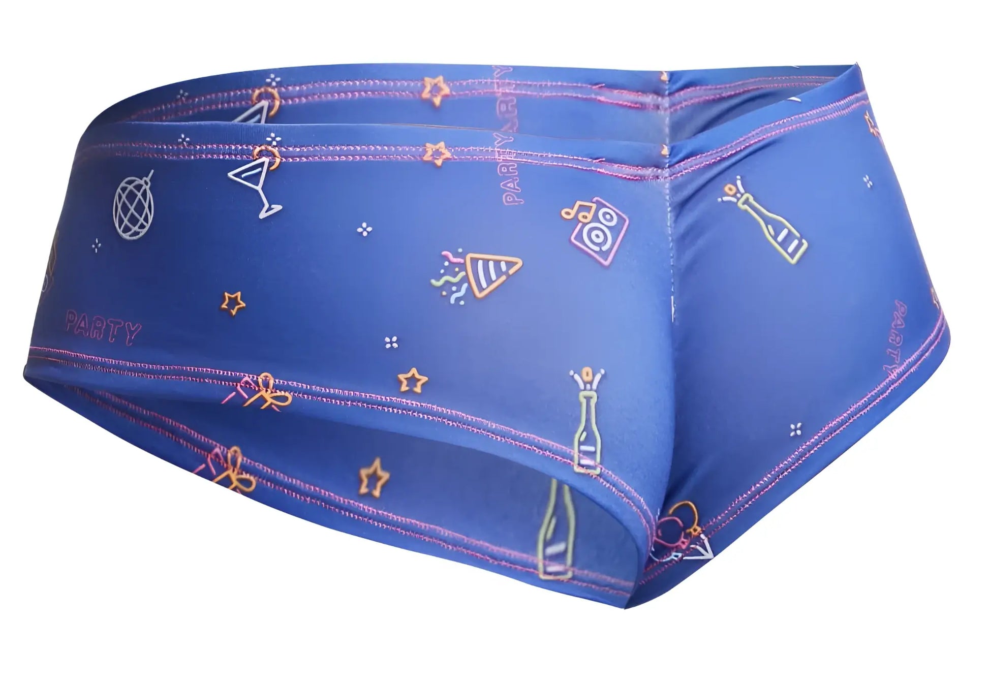 Blue justin simon xsj22 cheek briefs swim trunks with neon party-themed champagne bottles martini glasses and stars pattern