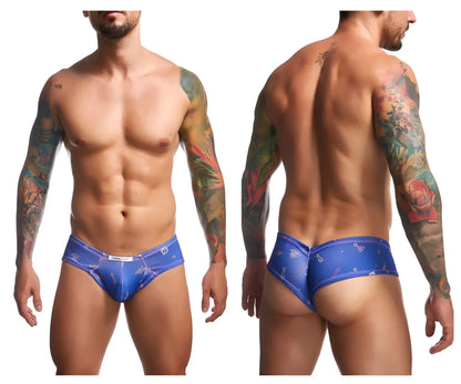 Justin+Simon XSJ22 cheek briefs in blue with diamond-shaped motifs and subtle sheen for stylish comfort