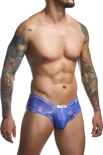 Justin+Simon XSJ22 cheek briefs in blue party color with subtle sheen and embroidered logo detailing