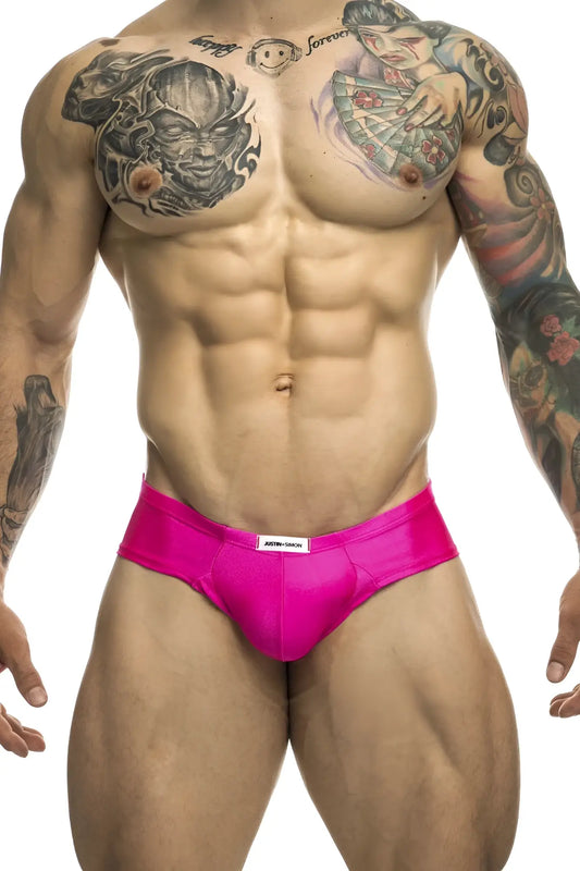 Justin+Simon xsj22 cheek briefs in bright pink sleek fabric with white brand label at waistband front view