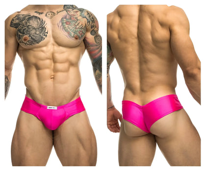 Justin+Simon XSJ22 cheek briefs in vibrant pink satin with a sleek form-fitting design and white brand tag at the waistband
