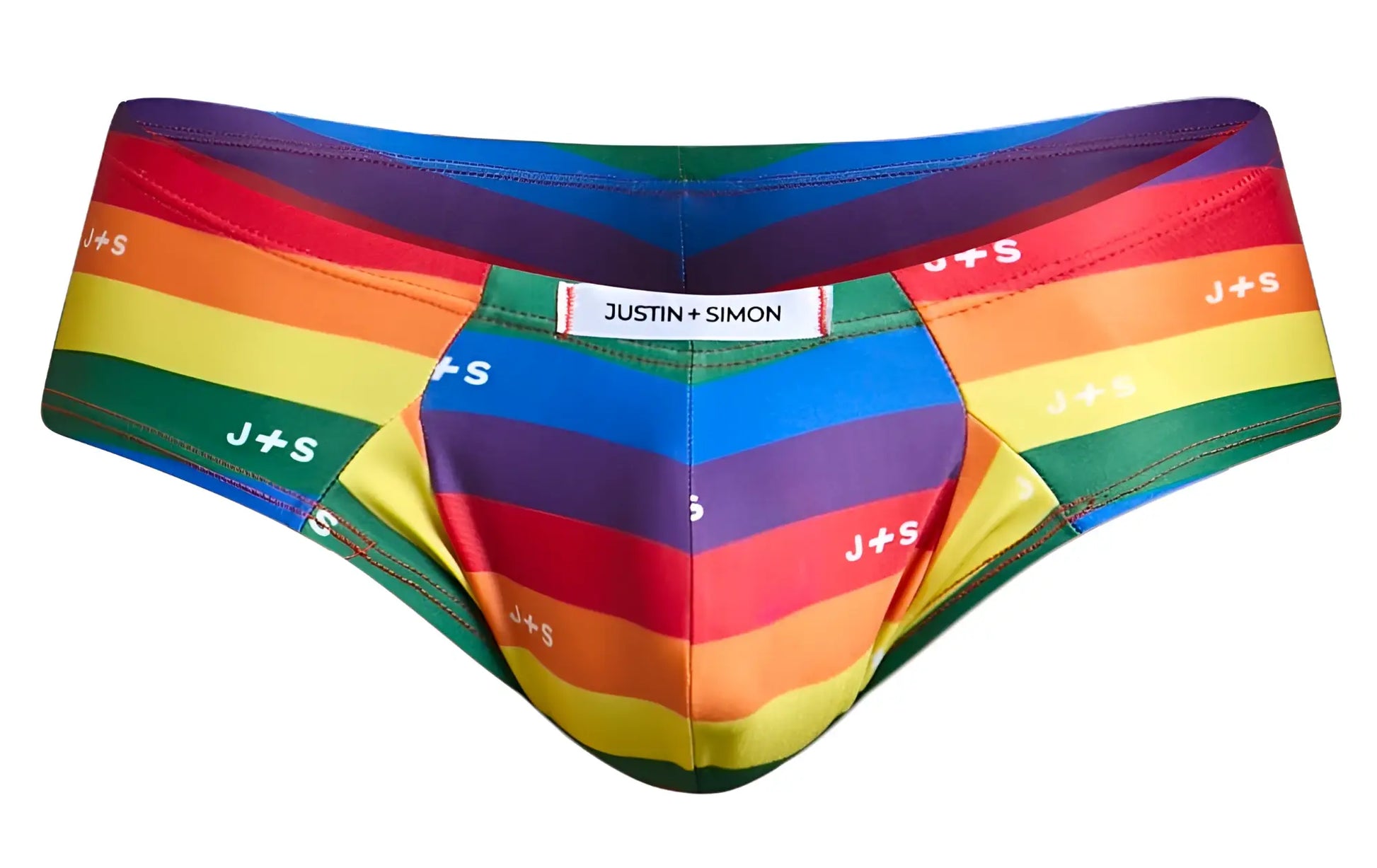 Rainbow-striped men’s briefs by Justin + Simon with bold diagonal pride colors and repeating j+s branding