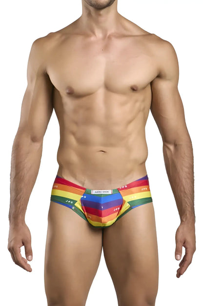 Rainbow-striped men’s briefs with justin smile label on waistband in justinsimon xsj22 cheek briefs color pride flag design