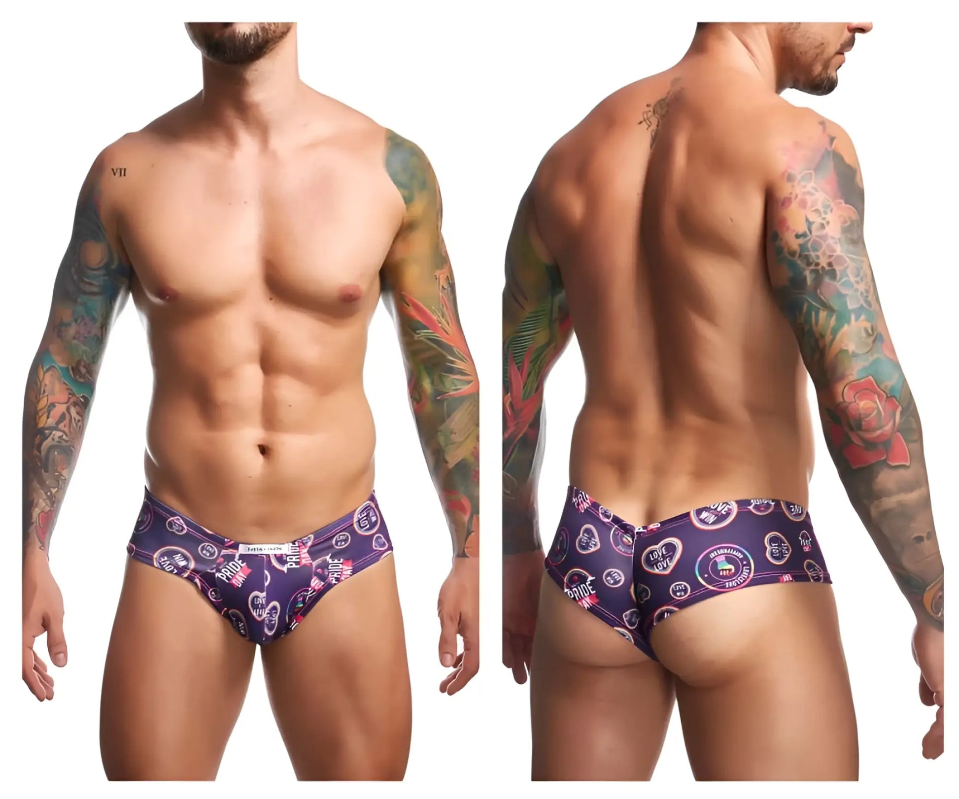 Purple patterned men’s briefs with circular designs featuring text and graphics from JUSTIN+SIMON XSJ22 cheek briefs color pride
