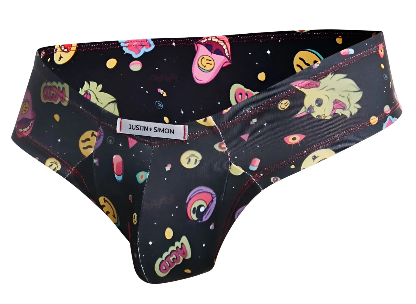 Black justin simon xsj22 cheek briefs with vibrant cosmic cartoon faces and planets print in psychedelic colors
