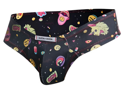 Black justin simon xsj22 cheek briefs with vibrant cosmic cartoon faces and planets print in psychedelic colors