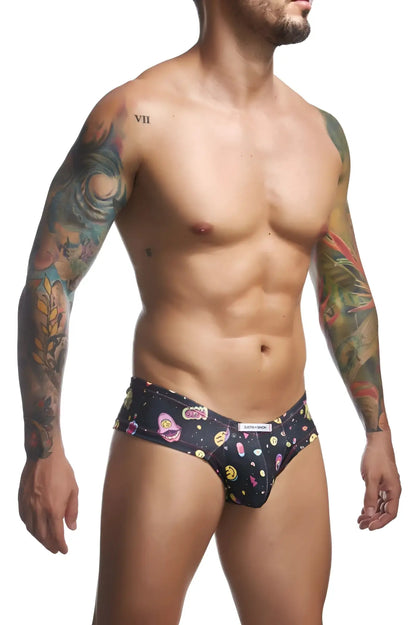Black men’s briefs justin+simon xsj22 cheek briefs in psychedelic color with colorful cartoon faces and space graphics