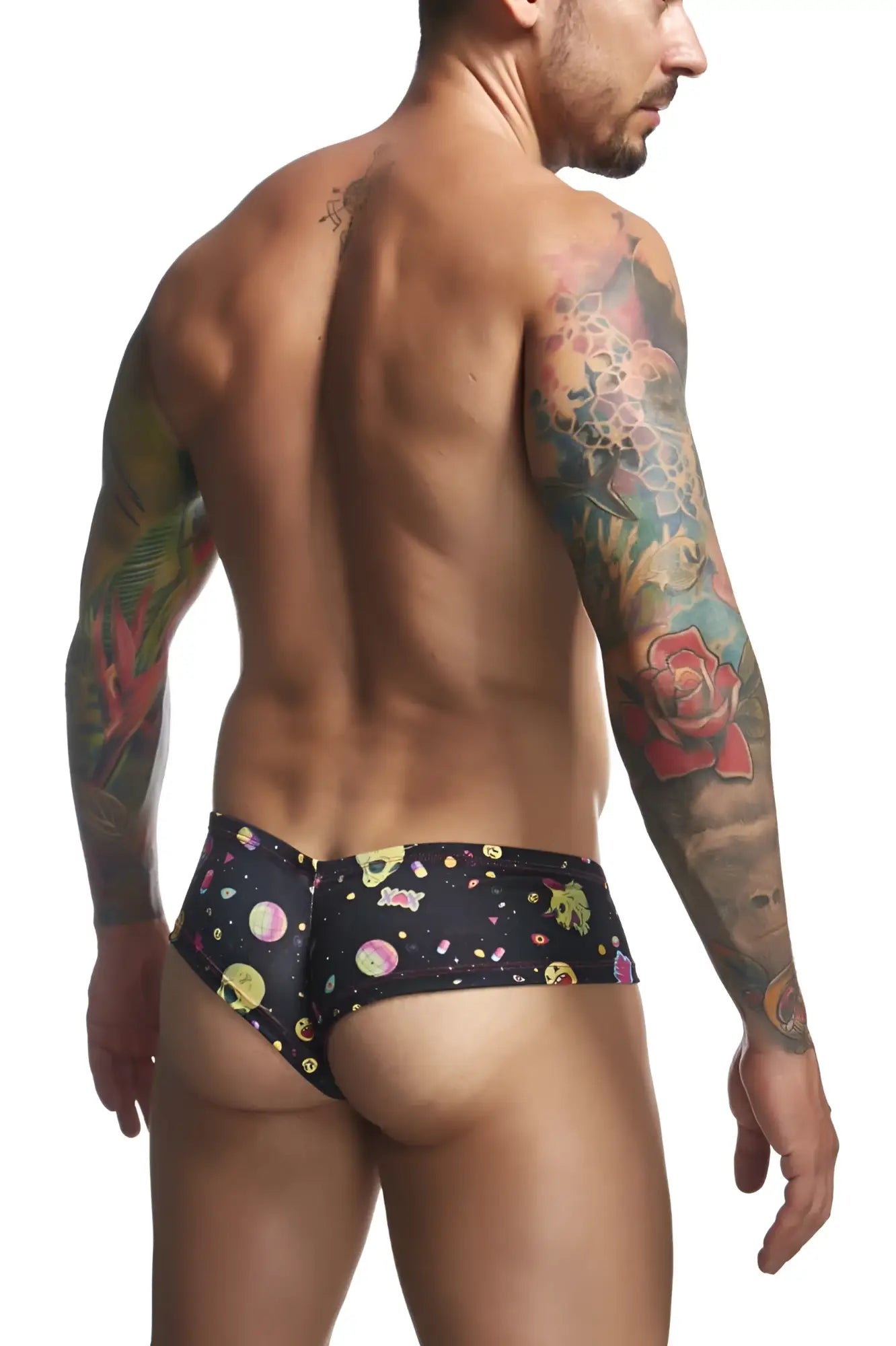 Justin Simon xsj22 cheek briefs black swim trunks with vibrant cosmic pattern featuring colorful planets and stars
