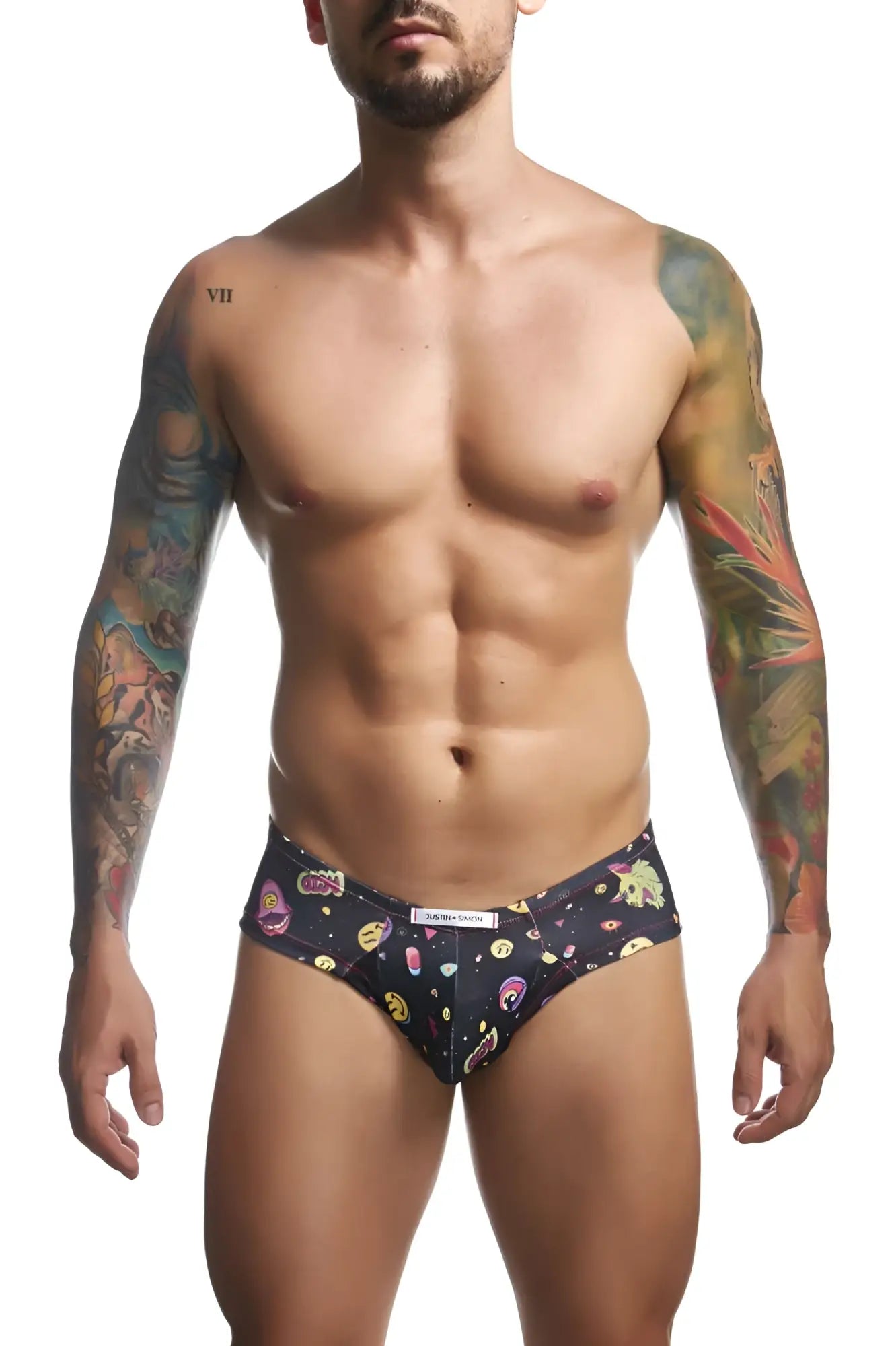 Black briefs justin simon xsj22 cheek briefs color psychedelic feature vibrant colorful cartoon-themed whimsical pattern