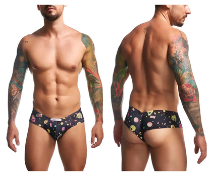 Black justin simon xsj22 cheek briefs with a colorful cosmic pattern of planets and stars enhancing the design