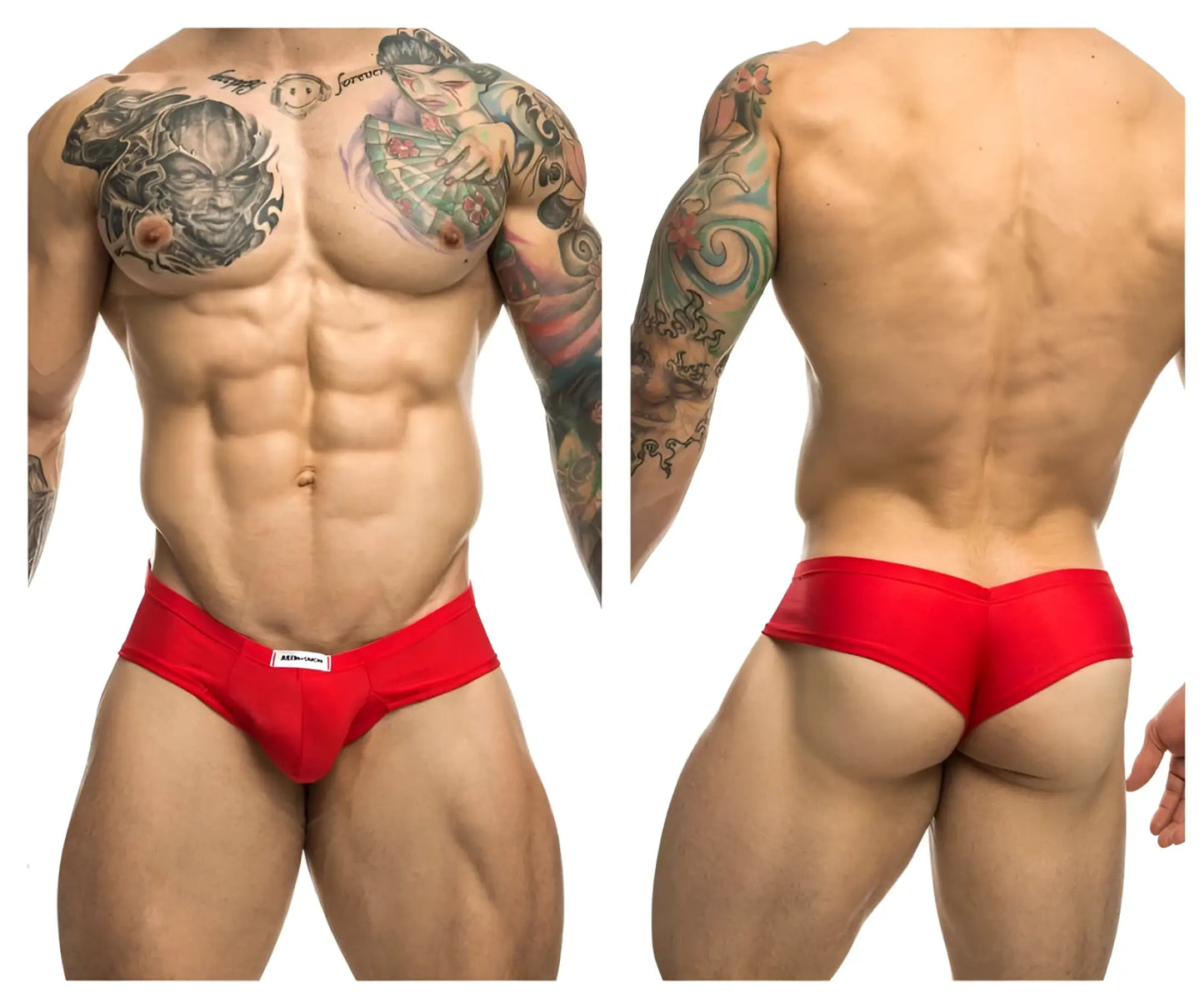 Red justin simon xsj22 cheek briefs featuring a small white waistband label made from soft athletic fabric
