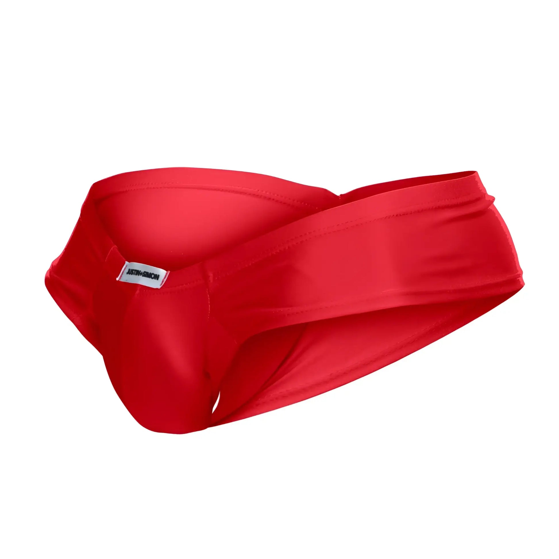 Vibrant red justin simon xsj22 cheek briefs with sleek form-fitting design and smooth fabric for swimwear use
