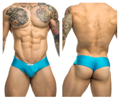 Justin simon xsj22 turquoise cheek briefs with a sleek form-fitting design and a small white brand tag at the waistband