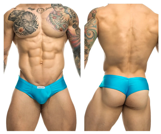 Justin simon xsj22 turquoise cheek briefs with a sleek form-fitting design and a small white brand tag at the waistband