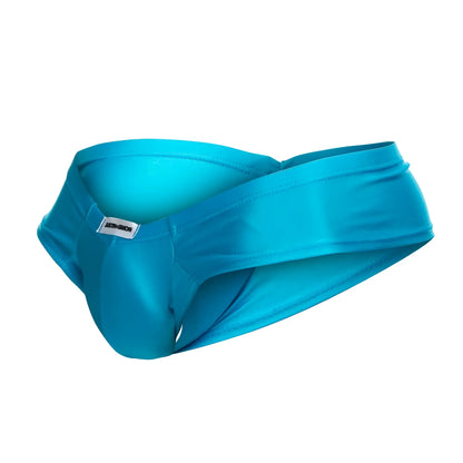 Justin+Simon xsj22 cheek briefs in bright turquoise satin fabric feature a sleek form-fitting design and white waistband label