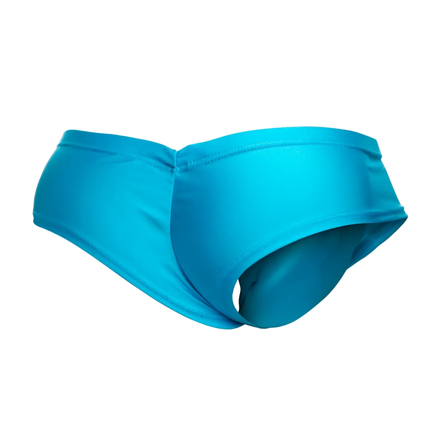 Justin simon xsj22 cheek briefs in bright turquoise with smooth glossy fabric finish swim trunks front view