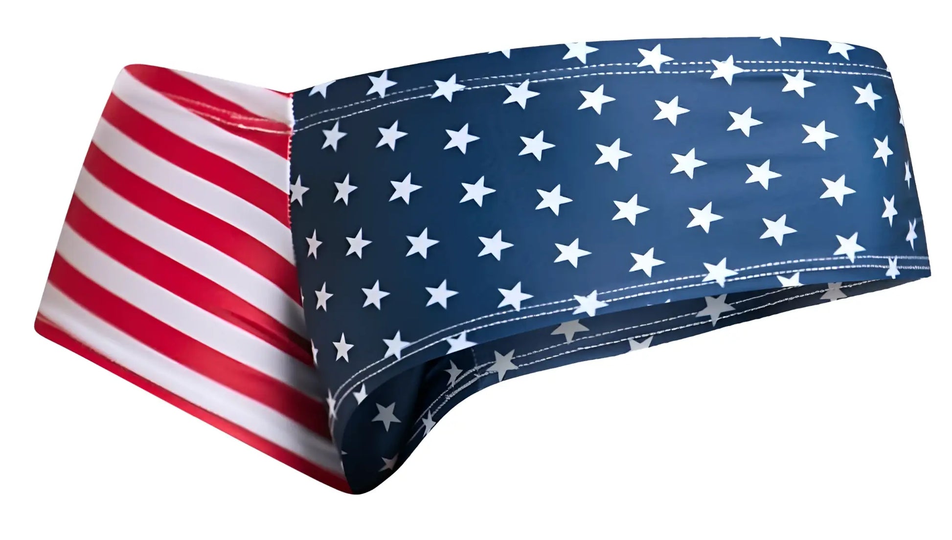 Blue and white star patterned headband with red and white striped sides made of stretchy fabric for usa flag style