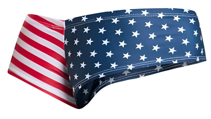 Blue and white star patterned headband with red and white striped sides made of stretchy fabric for usa flag style