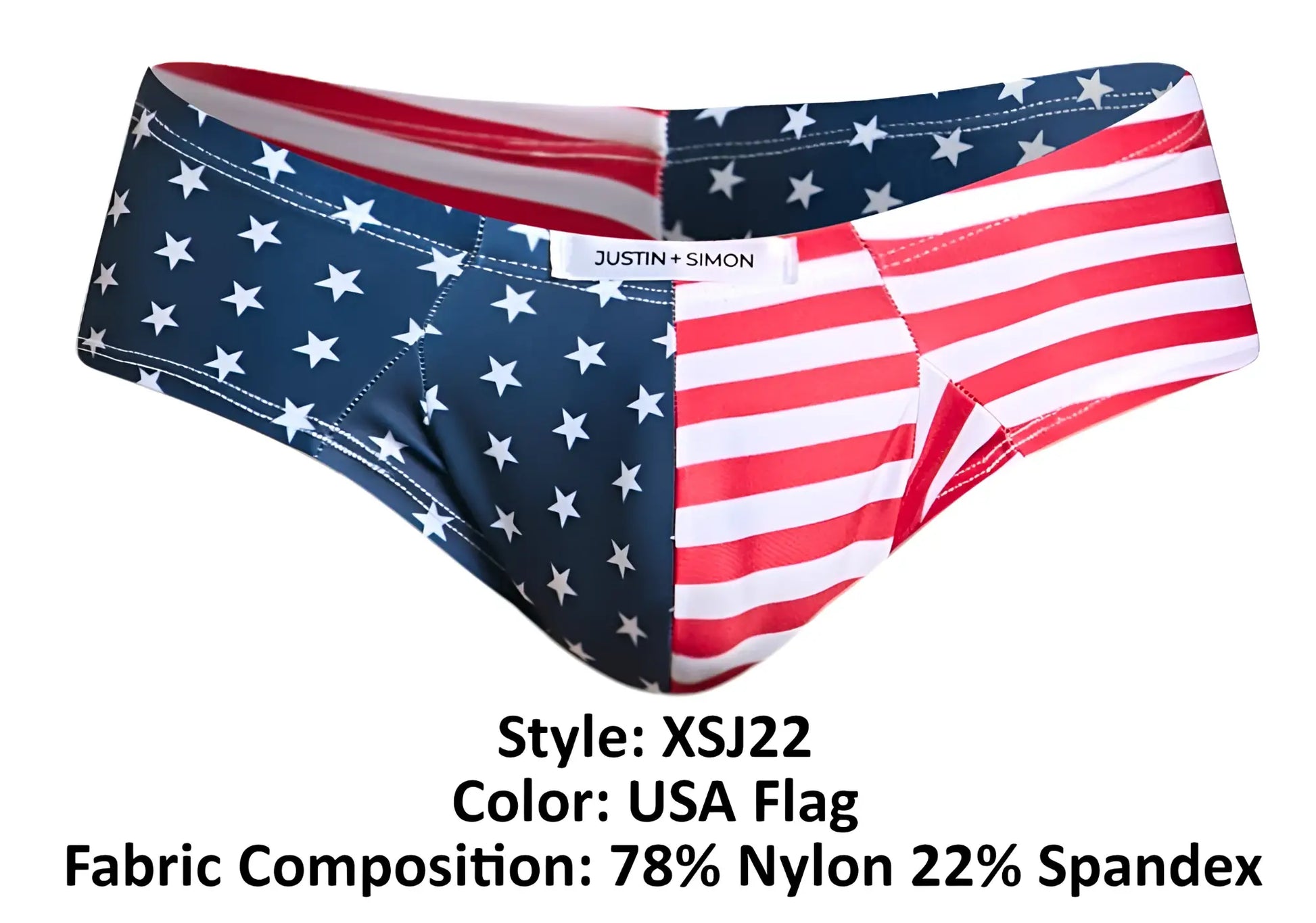 Justin simon usa flag swim trunks featuring bold red white and blue stars and stripes cheek briefs design