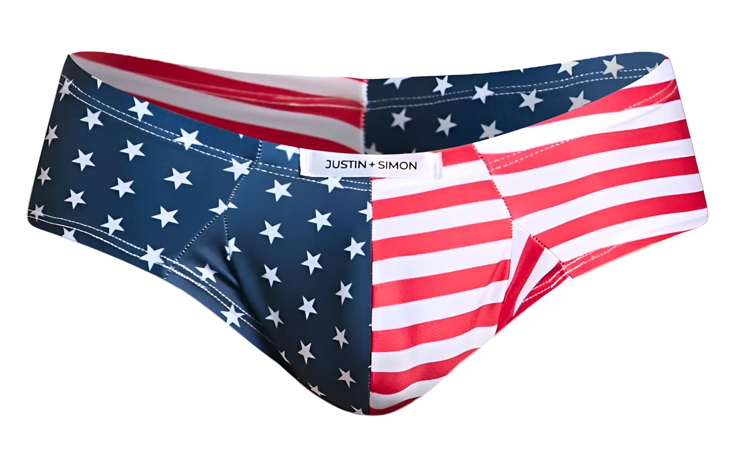 Justin simon cheek briefs in red white and blue american flag pattern featuring stars and stripes design