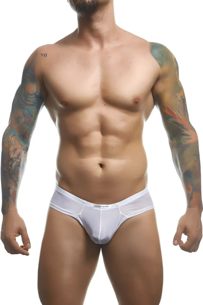 White cotton mesh cheek briefs with subtle elastic waistband and black zenith logo on the front by justin simon