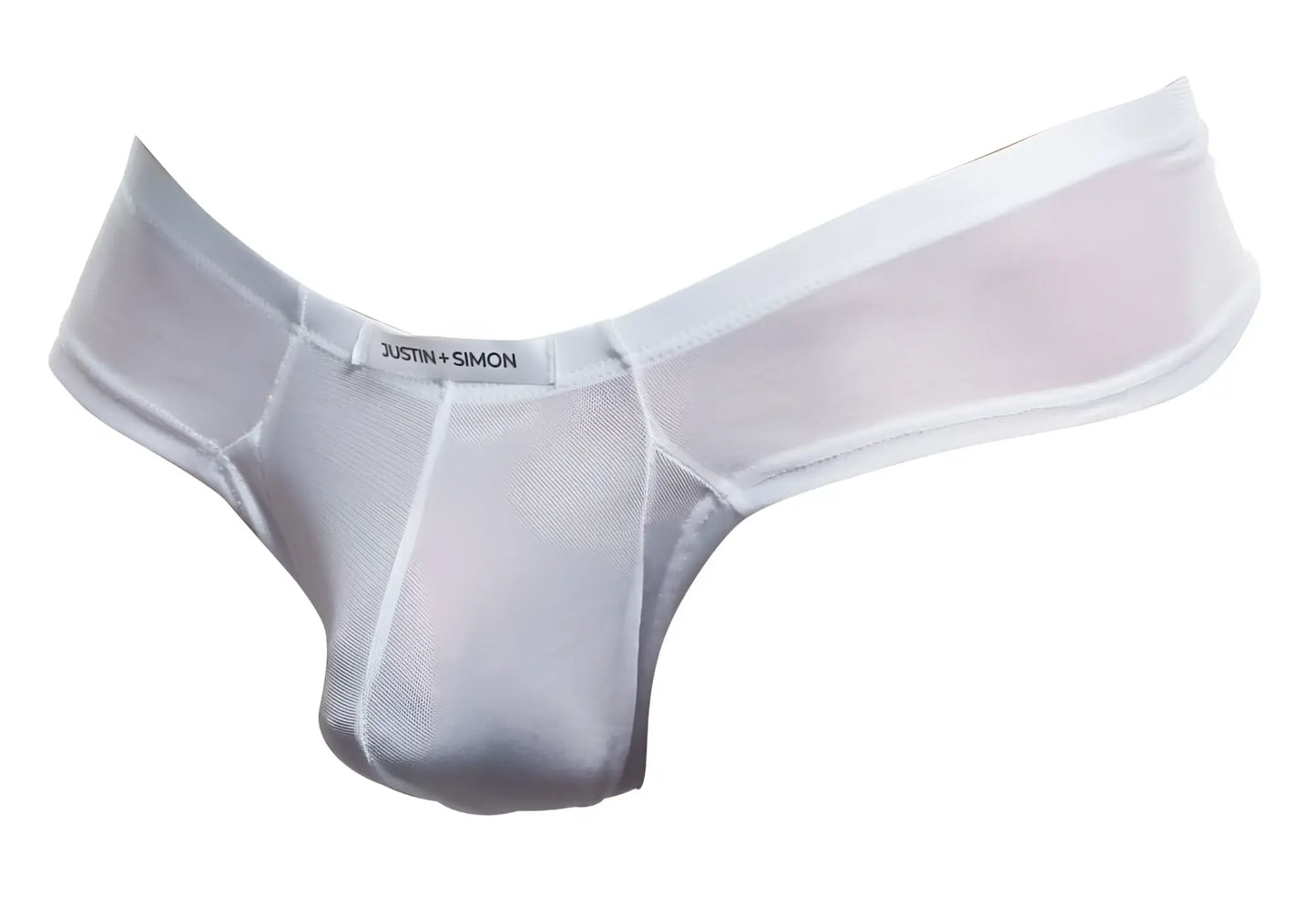 White sheer mesh thong by justin + simon in xsj22 cheek briefs style showcasing the back side