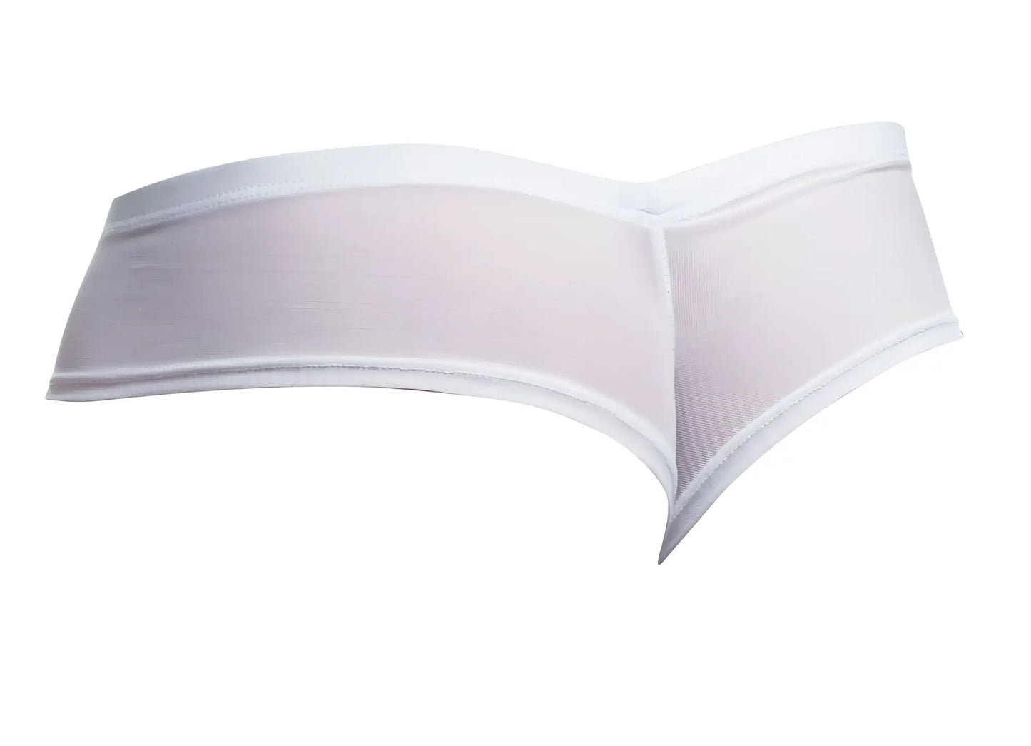 White sheer mesh thong with solid white elastic waistband and trim from JUSTIN+SIMON XSJ22 cheek briefs collection