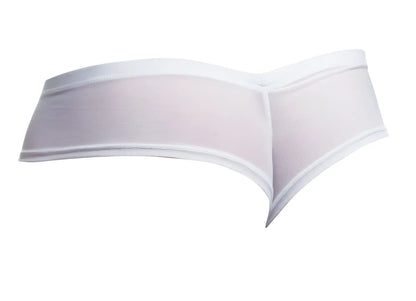 White sheer mesh thong with solid white elastic waistband and trim from JUSTIN+SIMON XSJ22 cheek briefs collection