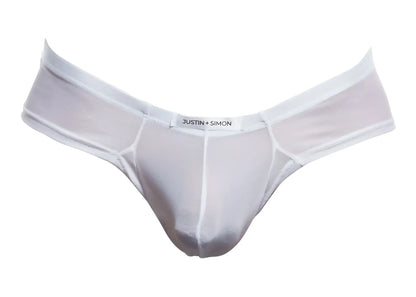 White mesh thong cheek briefs by justin + simon in white mesh material shown from the back side