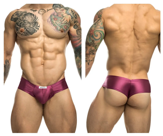 Shiny magenta satin cheek briefs with white justin simon brand tag at the waistband color wine