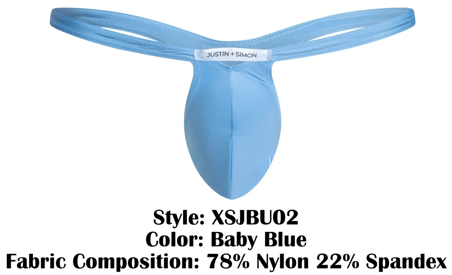 Baby blue justin simon bulge thong in stretchy nylon and spandex blend shown from the back side