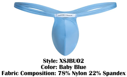 Baby blue justin simon bulge thong in stretchy nylon and spandex blend shown from the back side