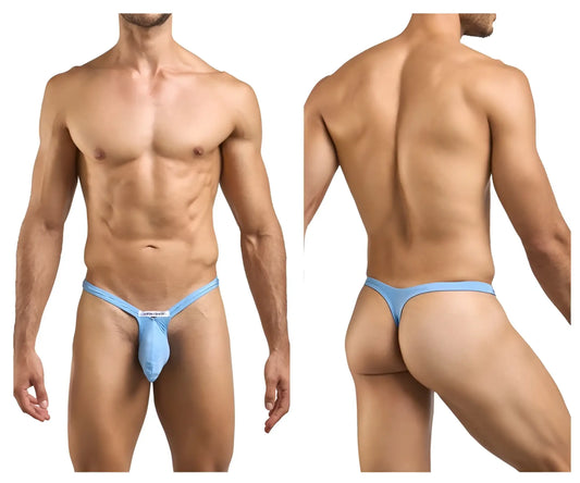 Light blue form-fitting thong with central pouch and narrow waistband from JUSTIN SIMON XSJBU02 bulge thongs collection