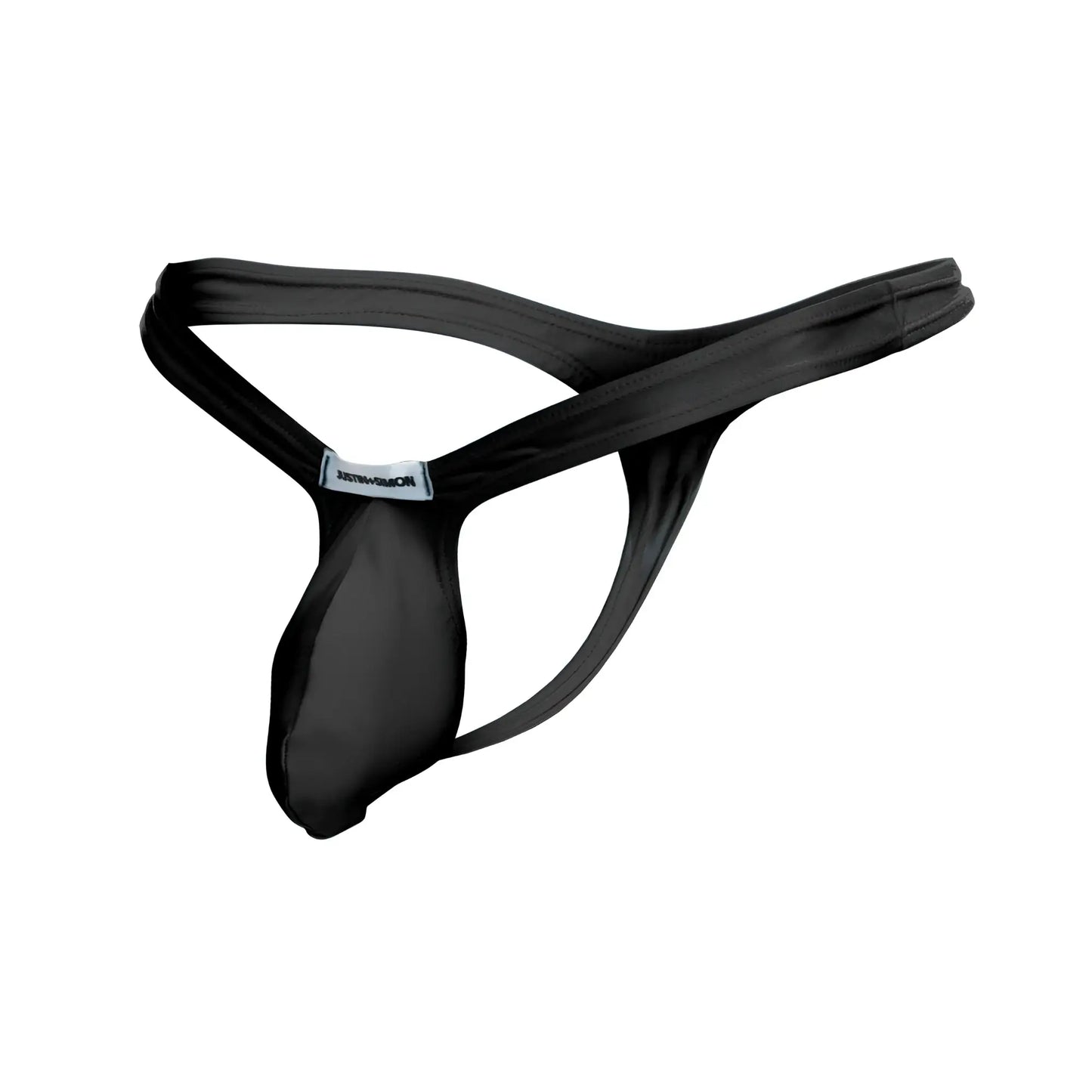 Black justin simon xsjbu02 bulge thong made of smooth stretchy fabric with minimalist design and small brand tag at back