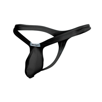 Black justin simon xsjbu02 bulge thong made of smooth stretchy fabric with minimalist design and small brand tag at back