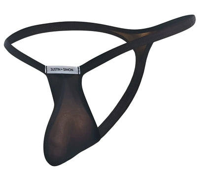 Black sheer mesh thong with solid black elastic band and justin plus simon brand label in black mesh