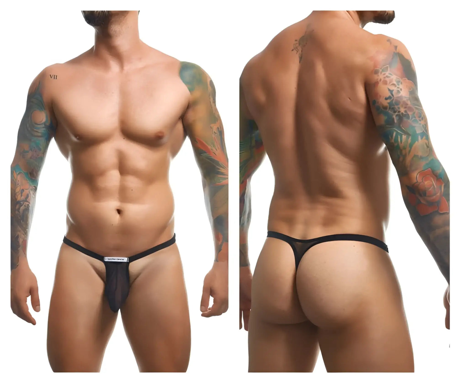 Black mesh bulge thong with solid black waistband and small white label at front from justin simon xsjbu02