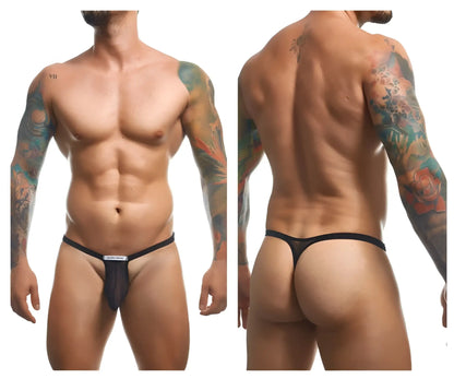 Black mesh bulge thong with solid black waistband and small white label at front from justin simon xsjbu02
