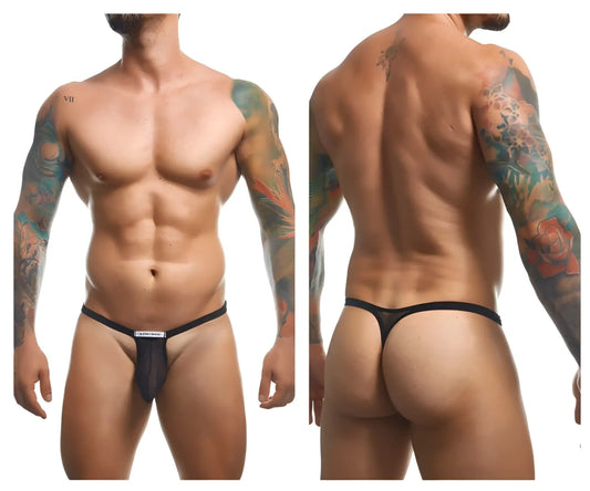 Black mesh bulge thong with solid black waistband and small white label at front from justin simon xsjbu02
