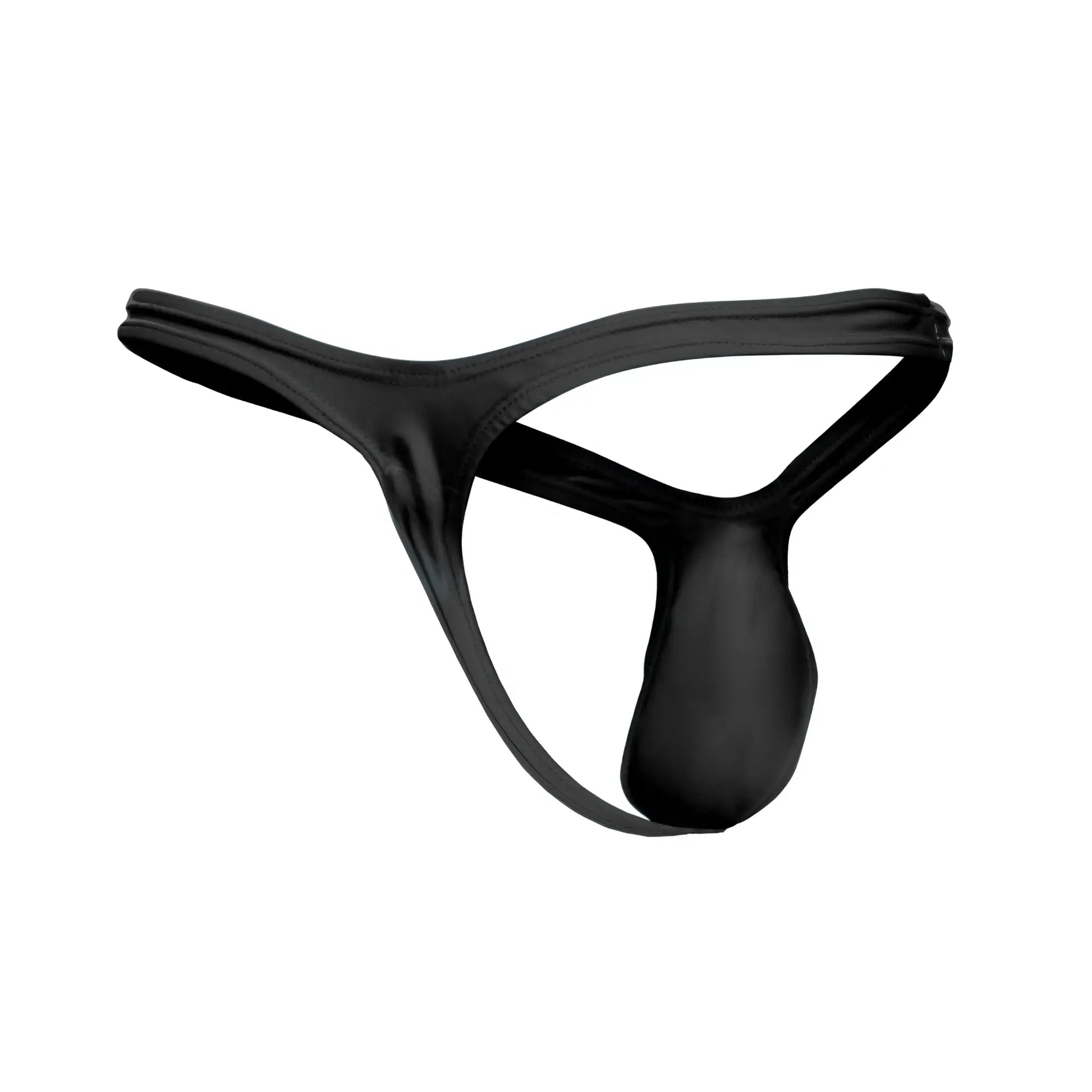 Black satin thong justin simon xsjbu02 with smooth glossy finish minimalistic design in front view