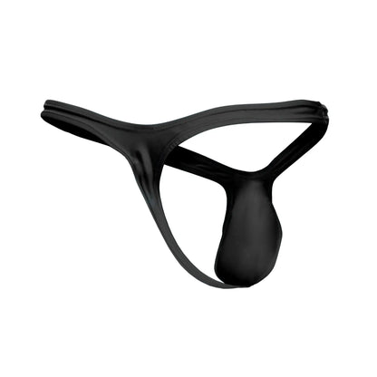 Black satin thong justin simon xsjbu02 with smooth glossy finish minimalistic design in front view